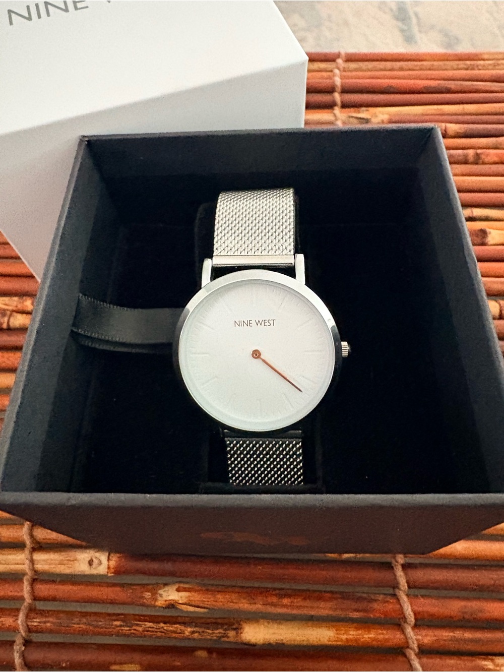 Nine West Silver Mesh Watch with White Dial and Rose Gold Hand NIB